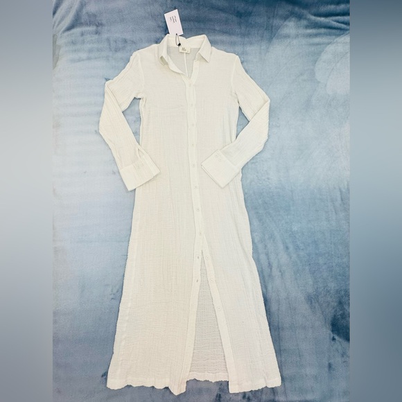 White Button-Front Maxi Dress - Elegant Shirt Dress - Picture 2 of 5